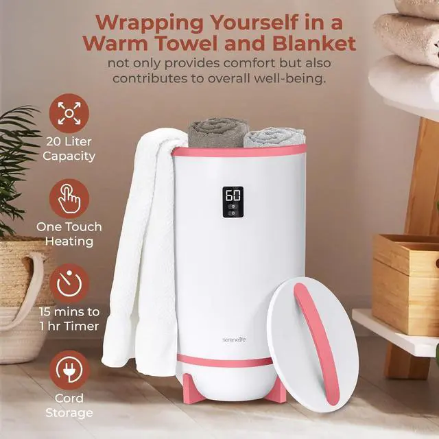 Alt view image 6 of 7 - SereneLife Towel and Blanket Warmer - Single Touch Portable Towel Heater for Bathroom, Fragrant Disc Holder, LED Ring, 2 Large Towel Capacity, Built-in Timer (15-60 mins), Auto Shut-Off (Pink)