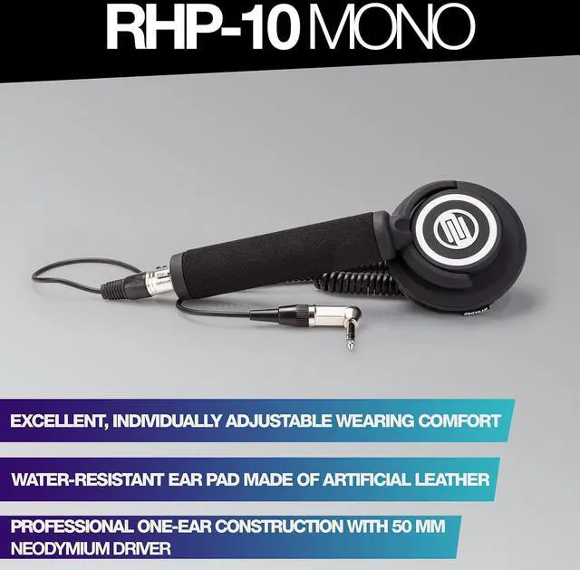 Alt view image 7 of 7 - Reloop RHP 10 Mono Professional One-Ear Headphone with 50mm Neodymium Driver | Xlr Lock Plus Coiled 6.3mm Cable, 24, 30hz-30khz, Vegan Leather Bag