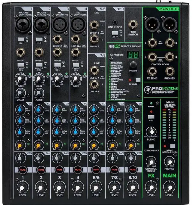 Alt view image 4 of 5 - Mackie ProFX10v3 10-Channel Professional Analog Mixer with USB, Onyx Mic Preamps and GigFX Effects Engine | 2-In/4-Out USB, Gigfx 24 Fx, 48V Phantom, Latency-Free Monitoring