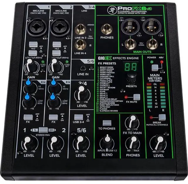 Alt view image 2 of 5 - Mackie ProFX6v3 6-Channel Professional Analog Mixer with USB, Onyx Mic Preamps and GigFX Effects Engine | Gigfx, 2x4 USB Recording Up to 192 Khz, 48V Phantom, Hi-Z Inputs