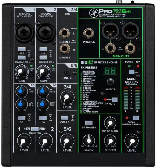 Alt view image 4 of 5 - Mackie ProFX6v3 6-Channel Professional Analog Mixer with USB, Onyx Mic Preamps and GigFX Effects Engine | Gigfx, 2x4 USB Recording Up to 192 Khz, 48V Phantom, Hi-Z Inputs