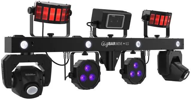 Main image of CHAUVET DJ GigBAR Move + ILS 5-In-1 Lighting System | Moving Heads, Derbies, Washes, Laser & Strobe on One Bar | ILS Compatible | RF Remote, Tripod & Carry Bags Included