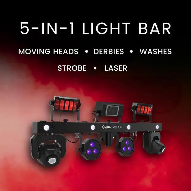 Alt view image 4 of 7 - CHAUVET DJ GigBAR Move + ILS 5-In-1 Lighting System | Moving Heads, Derbies, Washes, Laser & Strobe on One Bar | ILS Compatible | RF Remote, Tripod & Carry Bags Included
