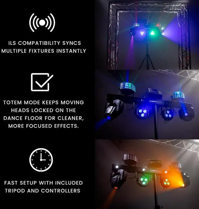 Alt view image 7 of 7 - CHAUVET DJ GigBAR Move + ILS 5-In-1 Lighting System | Moving Heads, Derbies, Washes, Laser & Strobe on One Bar | ILS Compatible | RF Remote, Tripod & Carry Bags Included