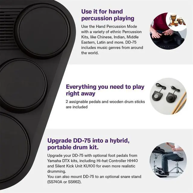 Alt view image 7 of 7 - Yamaha DD75 Portable Digital Drums with 2 Pedals, Drumsticks and PA130 Power Adapter
