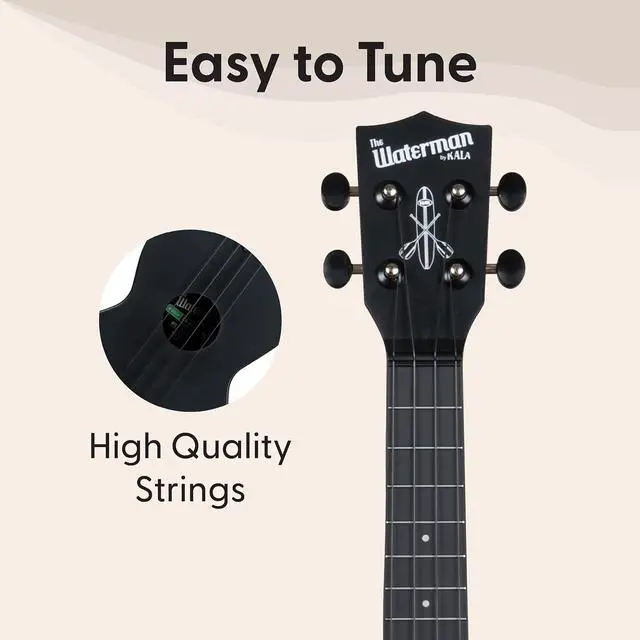 Alt view image 5 of 6 - Kala Recycled Soprano Waterman Ukulele Durable, Travel-Ready Instrument - Black Sand | 100% Grs Recycled Abs Body and Neck, Aquila B-Blacks Strings, Includes Logo Tote and Quick-Start Guide