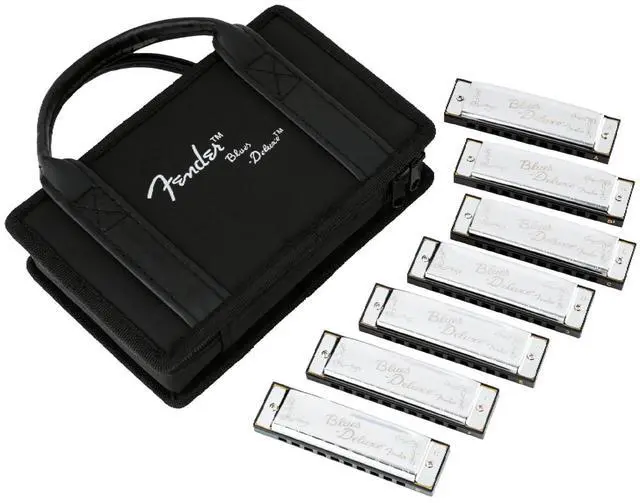 Main image of Fender Blues Deluxe Harmonica, Pack of 7 with case (Keys C, G, A, D, F, E, B Flat) | Diatonic 10-Hole, G, A, D, F, E, Chromed Covers, Abs Combs, Brass Reeds, Vented Plastic Case