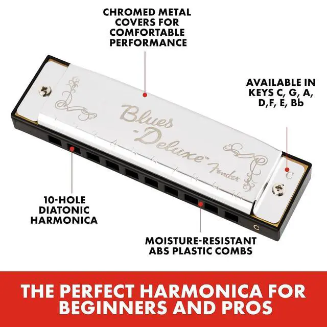 Alt view image 2 of 6 - Fender Blues Deluxe Harmonica, Pack of 7 with case (Keys C, G, A, D, F, E, B Flat) | Diatonic 10-Hole, G, A, D, F, E, Chromed Covers, Abs Combs, Brass Reeds, Vented Plastic Case