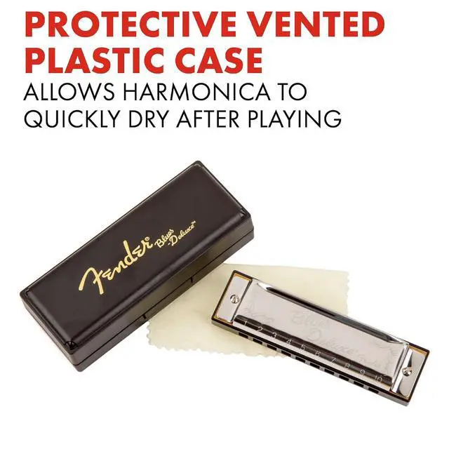 Alt view image 4 of 6 - Fender Blues Deluxe Harmonica, Pack of 7 with case (Keys C, G, A, D, F, E, B Flat) | Diatonic 10-Hole, G, A, D, F, E, Chromed Covers, Abs Combs, Brass Reeds, Vented Plastic Case