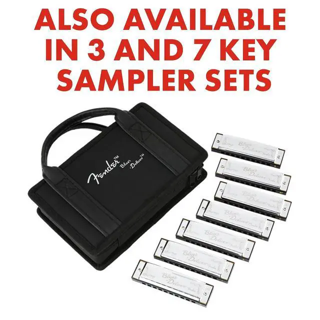 Alt view image 5 of 6 - Fender Blues Deluxe Harmonica, Pack of 7 with case (Keys C, G, A, D, F, E, B Flat) | Diatonic 10-Hole, G, A, D, F, E, Chromed Covers, Abs Combs, Brass Reeds, Vented Plastic Case