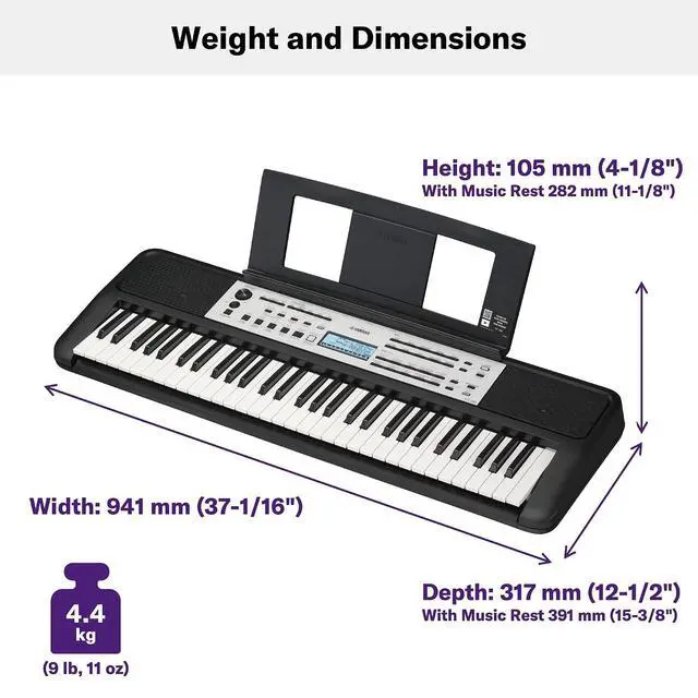 Alt view image 3 of 5 - Yamaha YPT-380 61-Key Touch Sensitive Portable Keyboard, Grand Piano Sound, Acoustic Piano Touch with Power Adapter YPT380