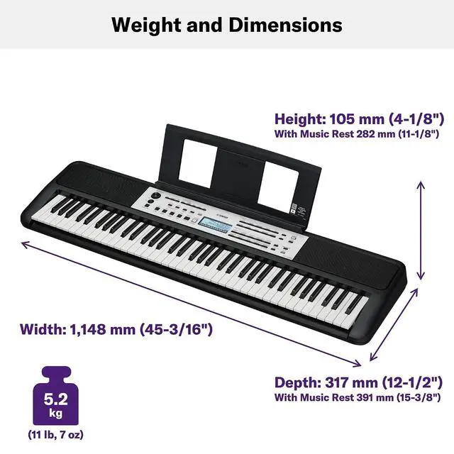 Alt view image 3 of 5 - Yamaha YPT-W320 76 Touch Sensitive Key Portable Keyboard for Beginners with Music Rest, Power Adapter
