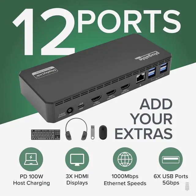 Alt view image 2 of 7 - Plugable USB C Triple Display Docking Station | 100W PD, 3x HDMI (1x 4K 30Hz, 2x 1080p 60Hz), 6x USB 5Gbps Ports | Windows, macOS, ChromeOS Compatible - Enhance Productivity with Multi-Monitor Support