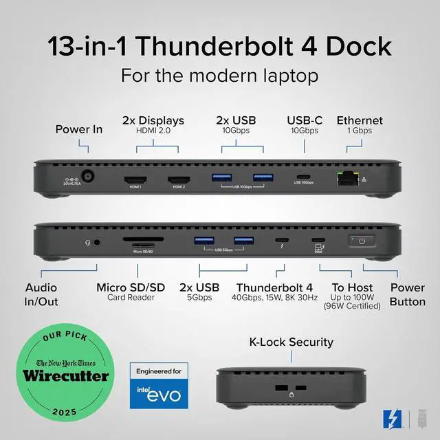 Alt view image 2 of 7 - Plugable Thunderbolt 4 Dock, 100W Charging (96W Certified), Dual HDMI Docking Station for Windows and Mac, Single 8K or Dual 4K 60Hz, 40Gbps, 13 Ports with Ethernet, SD/microSD (TBT4-UD5)