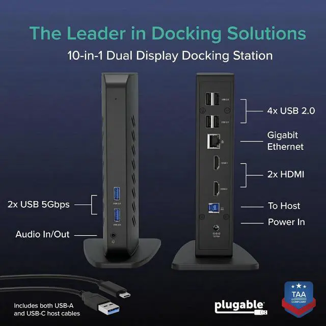 Alt view image 2 of 7 - Plugable Dual 1080p HDMI Universal Docking Station for USB-C & USB 3.0 Laptop, 10 Ports, Windows/ChromeOS Plug & Play, macOS Driver Required (UD-3900Z)