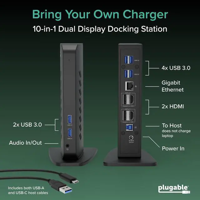 Alt view image 2 of 7 - Plugable Dual DisplayPort & HDMI Docking Station - USB 3.0 & USB-C Laptop Dock for Dual Monitors, DisplayLink, Mac (Driver Required), ChromeOS & Windows, Gigabit Ethernet and Audio (UD-6950Z)