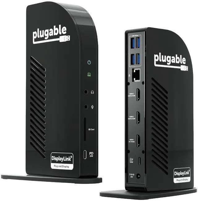 Main image of Plugable USB-C Triple Monitor Docking Station: 13-in-1 Laptop Dock with 100W Charging for Mac (DisplayLink Driver Required), Windows, Chrome, 3 HDMI, Gigabit Ethernet, SD, USB-C 20W, 4 USB - UD-ULTCDL