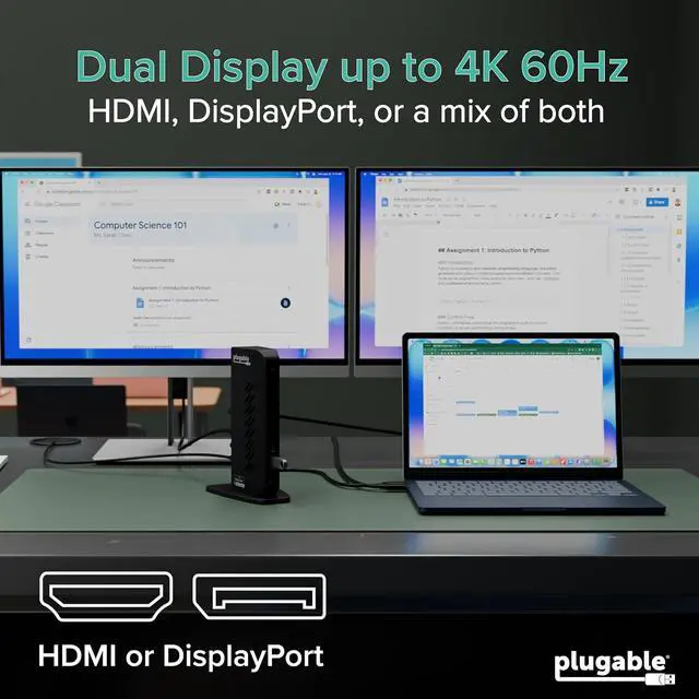Alt view image 4 of 7 - Plugable Dual DisplayPort & HDMI Docking Station - USB 3.0 & USB-C Laptop Dock for Dual Monitors, DisplayLink, Mac (Driver Required), ChromeOS & Windows, Gigabit Ethernet and Audio (UD-6950Z)