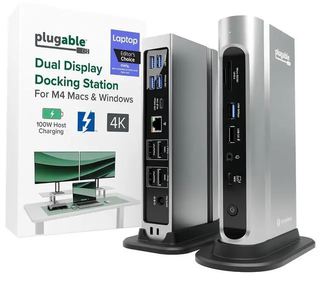 Main image of Plugable 16-in-1 Thunderbolt 4 Dock Dual 4K Monitors for M4/M5 MacBook Air/Pro, 100W Charging, 2X HDMI, 2X DisplayPort, 2.5G Ethernet, 7X USB, MicroSD/SD Card Reader, Windows & USB4 Compatible