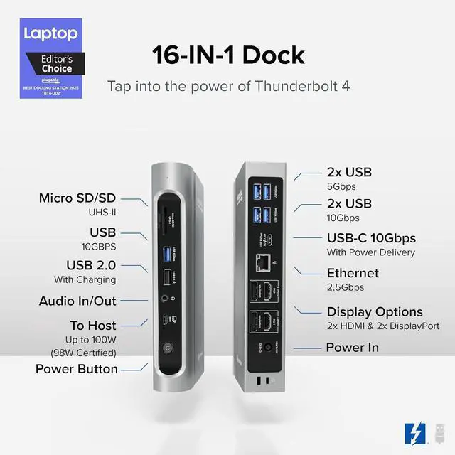 Alt view image 2 of 7 - Plugable 16-in-1 Thunderbolt 4 Dock Dual 4K Monitors for M4/M5 MacBook Air/Pro, 100W Charging, 2X HDMI, 2X DisplayPort, 2.5G Ethernet, 7X USB, MicroSD/SD Card Reader, Windows & USB4 Compatible
