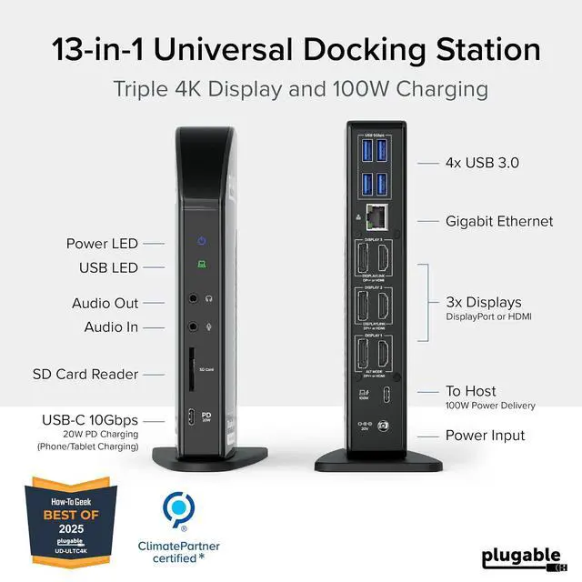 Alt view image 2 of 7 - Plugable 13-in-1 USB C Docking Station 4K Triple Monitor with 100W Power Delivery | USB C Dock for Windows, Mac, ChromeOS, Thunderbolt | Driver Required | 3X HDMI and 3X DisplayPort (UD-ULTC4K)