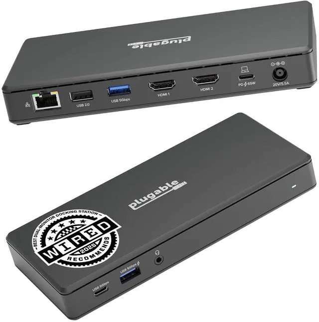 Main image of Plugable USB-C Docking Station Dual Monitor 4K 60Hz (2×HDMI), 65W Charging, Gigabit Ethernet, USB-C & 3×USB-A 5Gbps, Audio, Driverless for Windows/ChromeOS (UD-MSTH2)