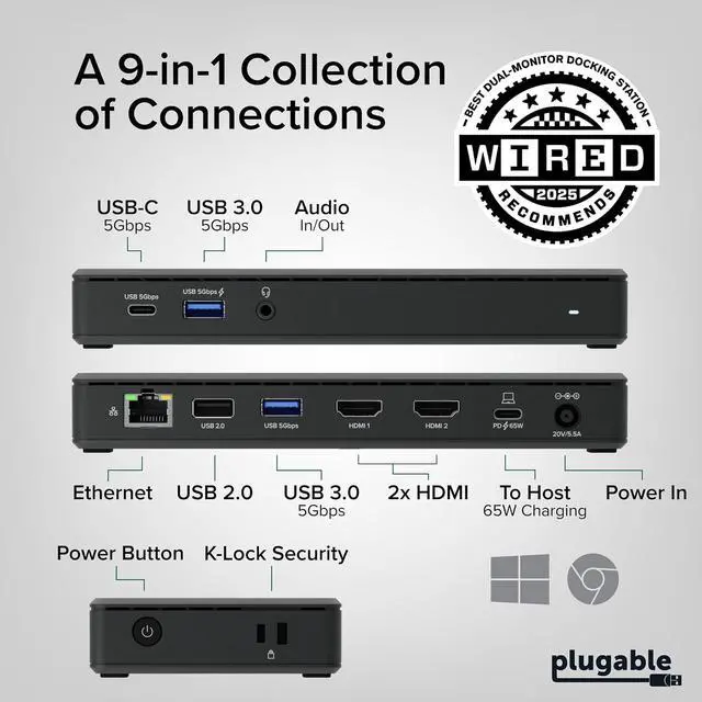 Alt view image 2 of 7 - Plugable USB-C Docking Station Dual Monitor 4K 60Hz (2×HDMI), 65W Charging, Gigabit Ethernet, USB-C & 3×USB-A 5Gbps, Audio, Driverless for Windows/ChromeOS (UD-MSTH2)