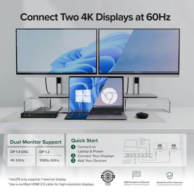 Alt view image 3 of 7 - Plugable USB-C Docking Station Dual Monitor 4K 60Hz (2×HDMI), 65W Charging, Gigabit Ethernet, USB-C & 3×USB-A 5Gbps, Audio, Driverless for Windows/ChromeOS (UD-MSTH2)