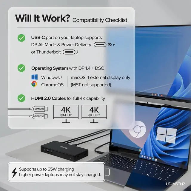 Alt view image 5 of 7 - Plugable USB-C Docking Station Dual Monitor 4K 60Hz (2×HDMI), 65W Charging, Gigabit Ethernet, USB-C & 3×USB-A 5Gbps, Audio, Driverless for Windows/ChromeOS (UD-MSTH2)
