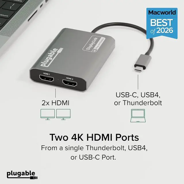 Alt view image 2 of 7 - Plugable USB C to HDMI Adapter, Dual Monitor 4K 60Hz for Apple Mac M1/M2/M3/M4/M5/Neo, DisplayLink Multiple Displays for Thunderbolt MacBook or iMac, Driver Required (USBC-6950M)