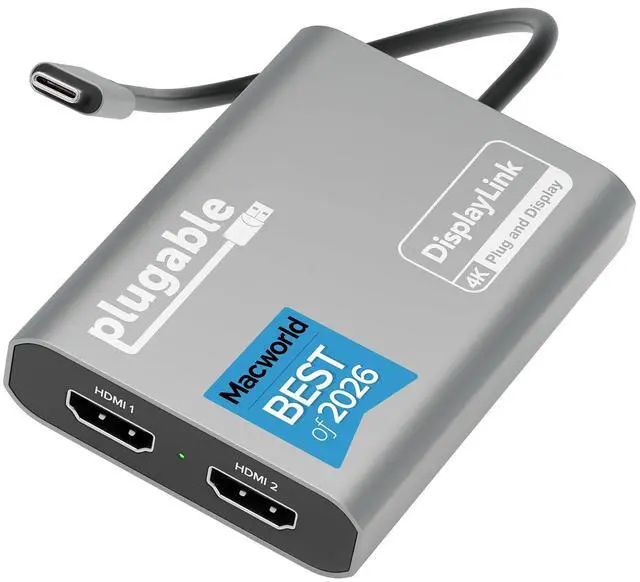 Main image of Plugable USB C to HDMI Adapter, Dual Monitor 4K 60Hz for Apple Mac M1/M2/M3/M4/M5/Neo, DisplayLink Multiple Displays for Thunderbolt MacBook or iMac, Driver Required (USBC-6950M)