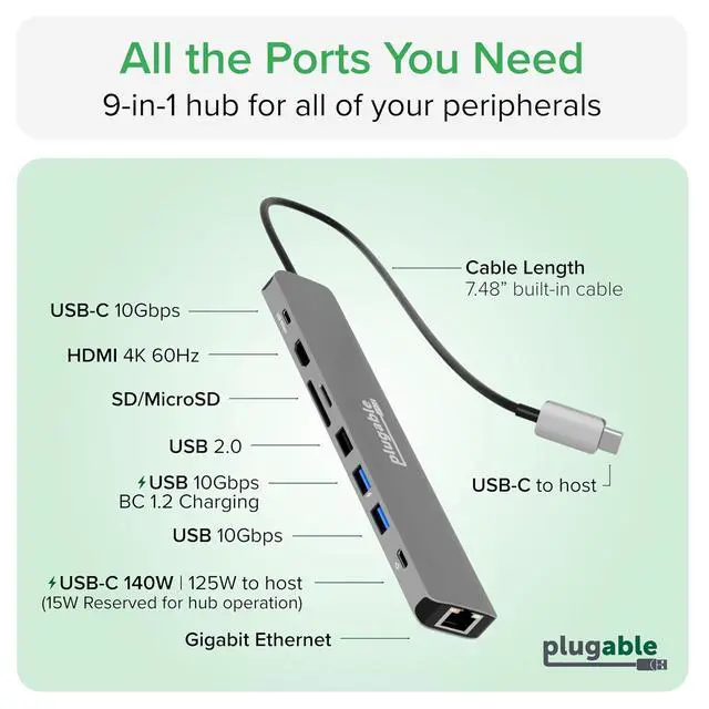 Alt view image 3 of 7 - Plugable USB C Hub Multiport Adapter: 9-in-1 with 140W PD Charging, 4K 60Hz HDMI, 10Gbps Data Transfer, Gigabit Ethernet, SD for USBC, USB4, Thunderbolt MacBook, Windows, Chromebook (USBC-9IN1E)