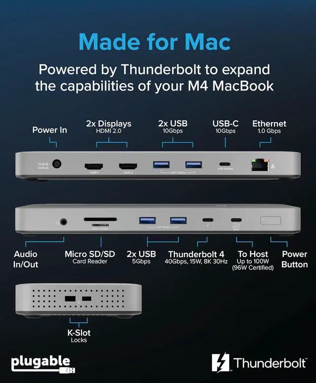 Alt view image 2 of 7 - Plugable Thunderbolt 4 Dock for M4/M5 MacBook Air & Pro: 100W Charging Driverless Laptop Docking Station with 4K HDMI Dual Monitor or Single 6K, 6X USB, SD, Ethernet, Thunderbolt Certified (TBT-UDM)