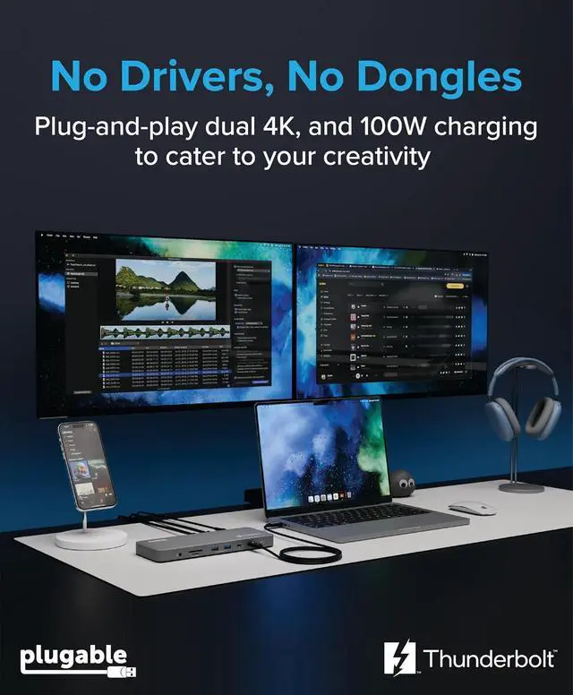 Alt view image 3 of 7 - Plugable Thunderbolt 4 Dock for M4/M5 MacBook Air & Pro: 100W Charging Driverless Laptop Docking Station with 4K HDMI Dual Monitor or Single 6K, 6X USB, SD, Ethernet, Thunderbolt Certified (TBT-UDM)