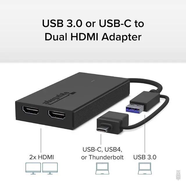 Alt view image 2 of 7 - Plugable Dual HDMI Monitor Adapter for M1-M5 & Neo macOS, Windows, ChromeOS - USB-C, Thunderbolt, USB 3.0 Compatible, Supports 2 Displays at 1080p 60Hz, SMI Driver Required