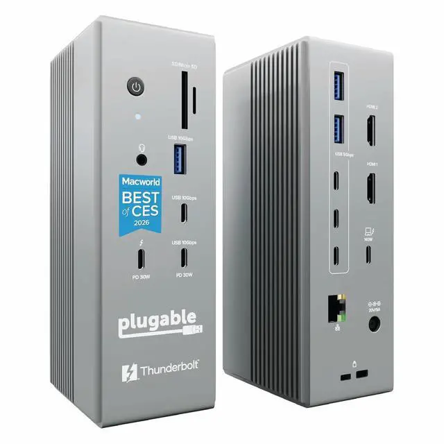 Main image of Plugable Thunderbolt 5 Dock: 16-in-1, Dual HDMI 2.1 Up to 8K 60Hz / 4K 144Hz, 140W Laptop Charging, 2.5GbE, Fanless, Driverless TAA Compliant Docking Station for MacBook Pro/Air & Windows (TBT-UDH2)