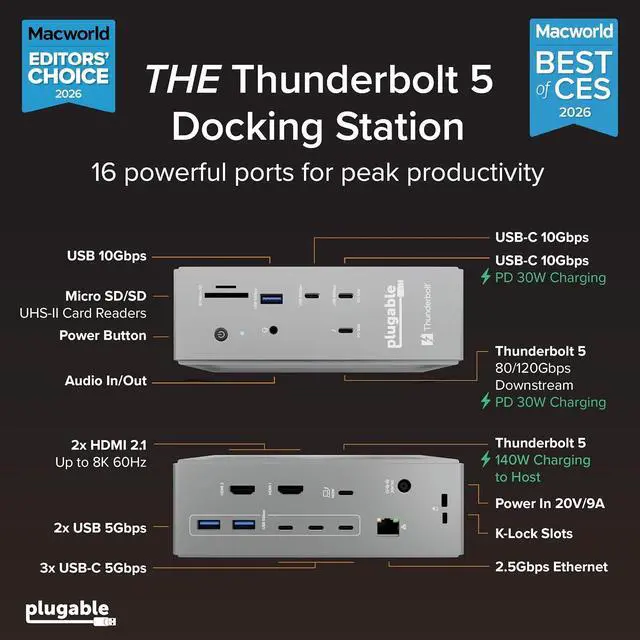 Alt view image 2 of 7 - Plugable Thunderbolt 5 Dock: 16-in-1, Dual HDMI 2.1 Up to 8K 60Hz / 4K 144Hz, 140W Laptop Charging, 2.5GbE, Fanless, Driverless TAA Compliant Docking Station for MacBook Pro/Air & Windows (TBT-UDH2)