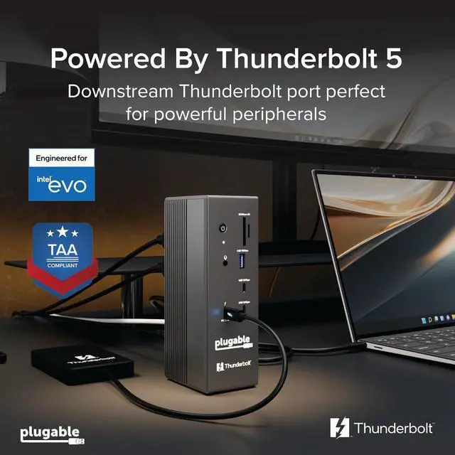 Alt view image 5 of 7 - Plugable Thunderbolt 5 Dock: 16-in-1, Dual HDMI 2.1 Up to 8K 60Hz / 4K 144Hz, 140W Laptop Charging, 2.5GbE, Fanless, Driverless TAA Compliant Docking Station for MacBook Pro/Air & Windows (TBT-UDH2)