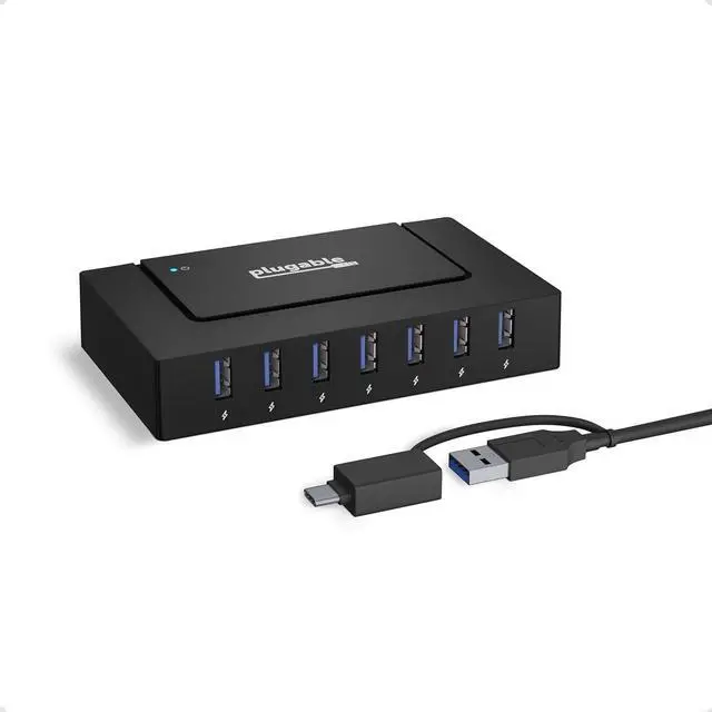 Main image of Plugable 7-in-1 USB Powered Hub for Laptops with USB-C or USB 3.0 - Power Station for Multiple Devices and Data Transfer with a 60W Power Adapter, Driverless