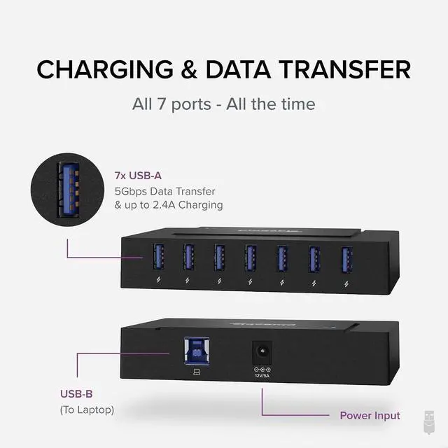 Alt view image 2 of 7 - Plugable 7-in-1 USB Powered Hub for Laptops with USB-C or USB 3.0 - Power Station for Multiple Devices and Data Transfer with a 60W Power Adapter, Driverless