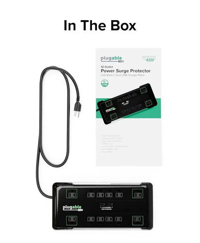 Alt view image 6 of 6 - Plugable 12 Outlet Power Strip 4320 Joules Surge Protection, Built-in 10.5W 2-Port USB Charger for Android and Apple Phones, Mobile Devices, 6 Foot Cable