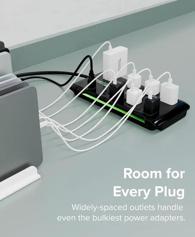 Alt view image 5 of 6 - Plugable 12 Outlet Power Strip 4320 Joules Surge Protection, Built-in 10.5W 2-Port USB Charger for Android and Apple Phones, Mobile Devices, 6 Foot Cable