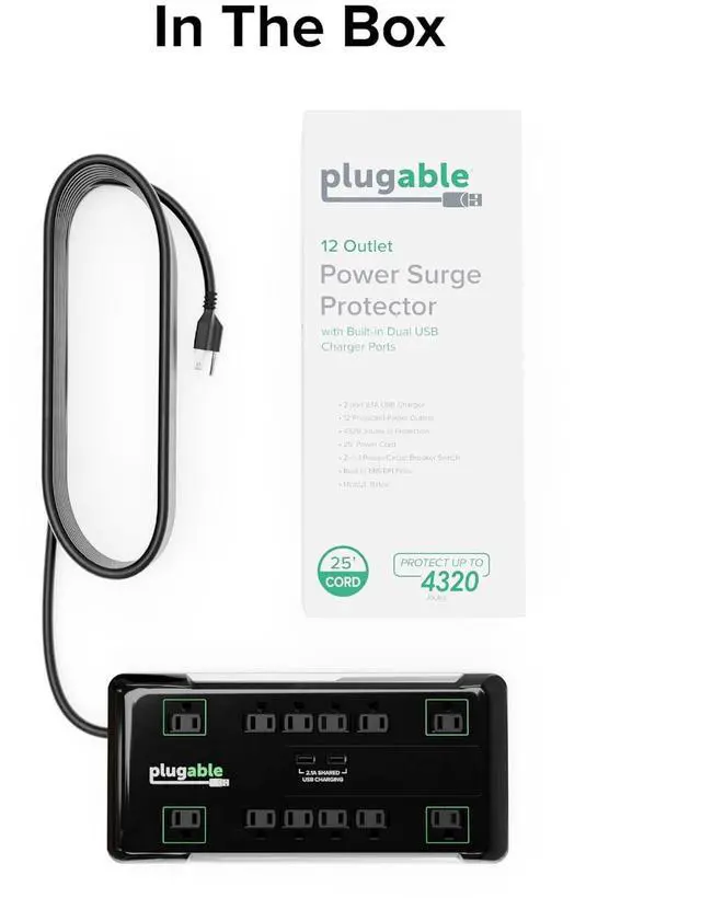 Alt view image 6 of 7 - Plugable 12 Outlet Power Strip 4320 Joules Surge Protection, Built-in 10.5W 2-Port USB Charger for Android and Apple Phones, Mobile Devices, 25 Foot Cable