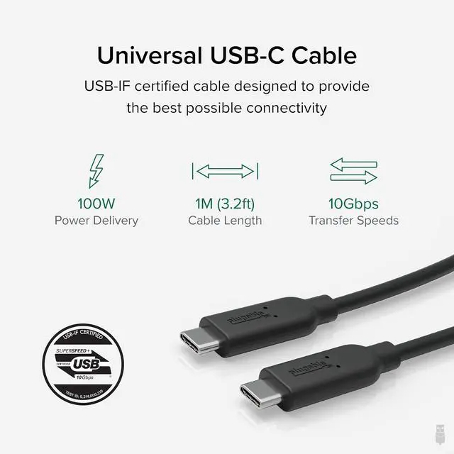 Alt view image 3 of 5 - Plugable 10Gbps USB C to USB C Cable, 3.3 feet (1 Meter), 5A, USB-IF Certified, USB 3.1 Gen 2 Type-C - Driverless (Pack of 5)