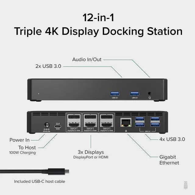 Alt view image 2 of 7 - Plugable 12-in-1 USB C Triple Monitor Docking Station, Triple 4K Displays with 3X HDMI or 3X DisplayPort, Compatible with Mac, Windows, Thunderbolt, USB4, USB-C (100W PD, 6X USB Ports, Ethernet)