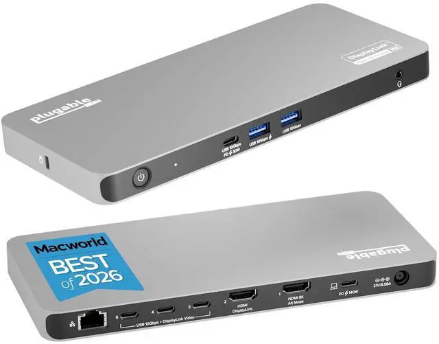 Main image of Plugable USB C Docking Station 5 Monitors, 140W DisplayLink Dock Connects up to Five 4K Displays for MacBook Windows Thunderbolt 4 Laptops, 2X HDMI, 3X USBC 2.5Gbps Ethernet, Driver Required DL7400