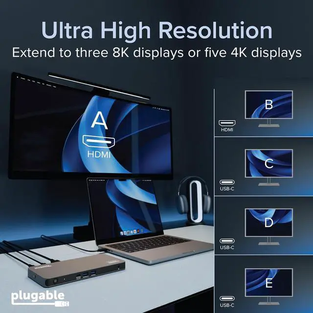 Alt view image 3 of 7 - Plugable USB C Docking Station 5 Monitors, 140W DisplayLink Dock Connects up to Five 4K Displays for MacBook Windows Thunderbolt 4 Laptops, 2X HDMI, 3X USBC 2.5Gbps Ethernet, Driver Required DL7400