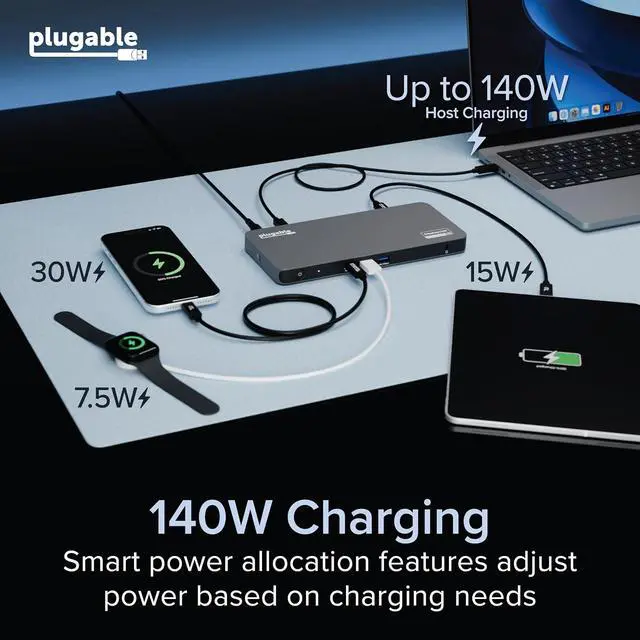Alt view image 7 of 7 - Plugable USB C Docking Station 5 Monitors, 140W DisplayLink Dock Connects up to Five 4K Displays for MacBook Windows Thunderbolt 4 Laptops, 2X HDMI, 3X USBC 2.5Gbps Ethernet, Driver Required DL7400