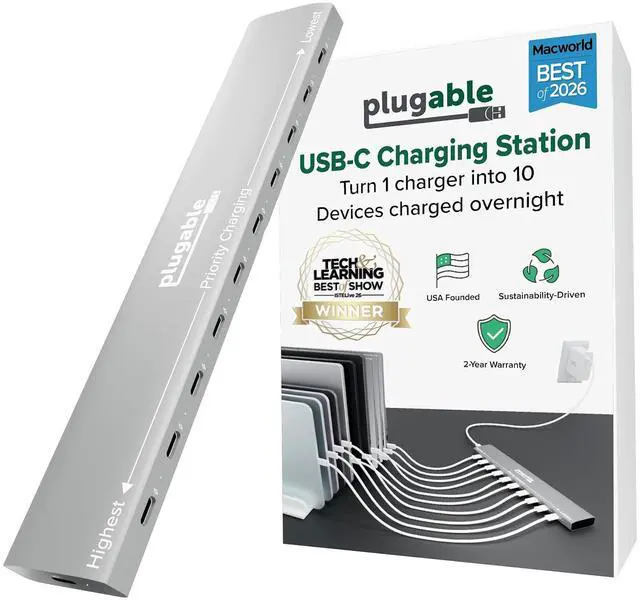Main image of Plugable 10 Port USB C Charging Station, Up to 100W Charger for Multiple Devices with Priority Charging, Desktop Power Hub for USBC Devices Including Laptops Phones Tablets Earbuds and More (PS-10CC)