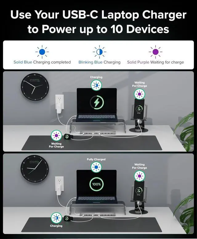 Alt view image 3 of 7 - Plugable 10 Port USB C Charging Station, Up to 100W Charger for Multiple Devices with Priority Charging, Desktop Power Hub for USBC Devices Including Laptops Phones Tablets Earbuds and More (PS-10CC)